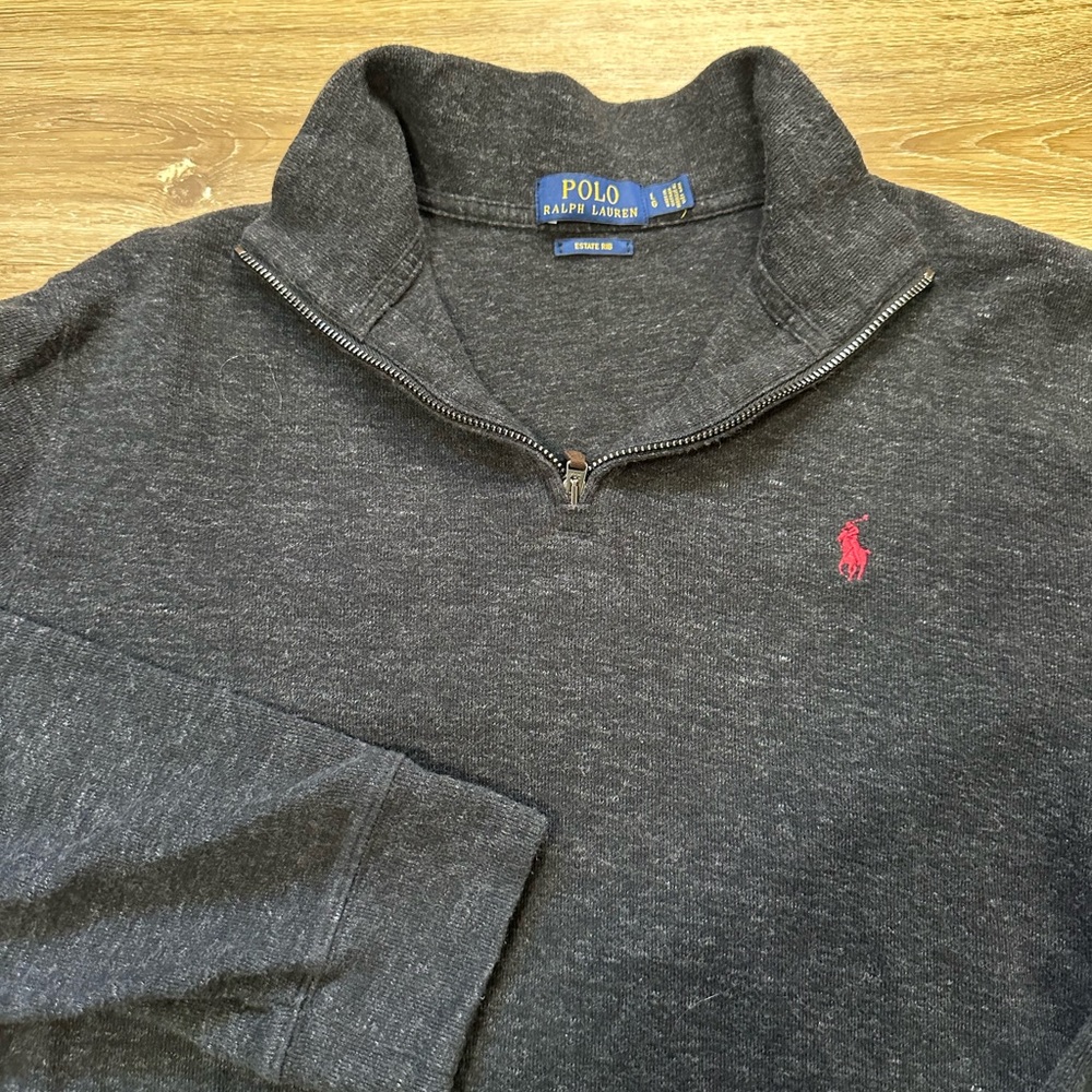 Polo Ralph Lauren Estate Rib Knit Dark Gray 100% Cotton 1/4 Zip Pullover Sz L